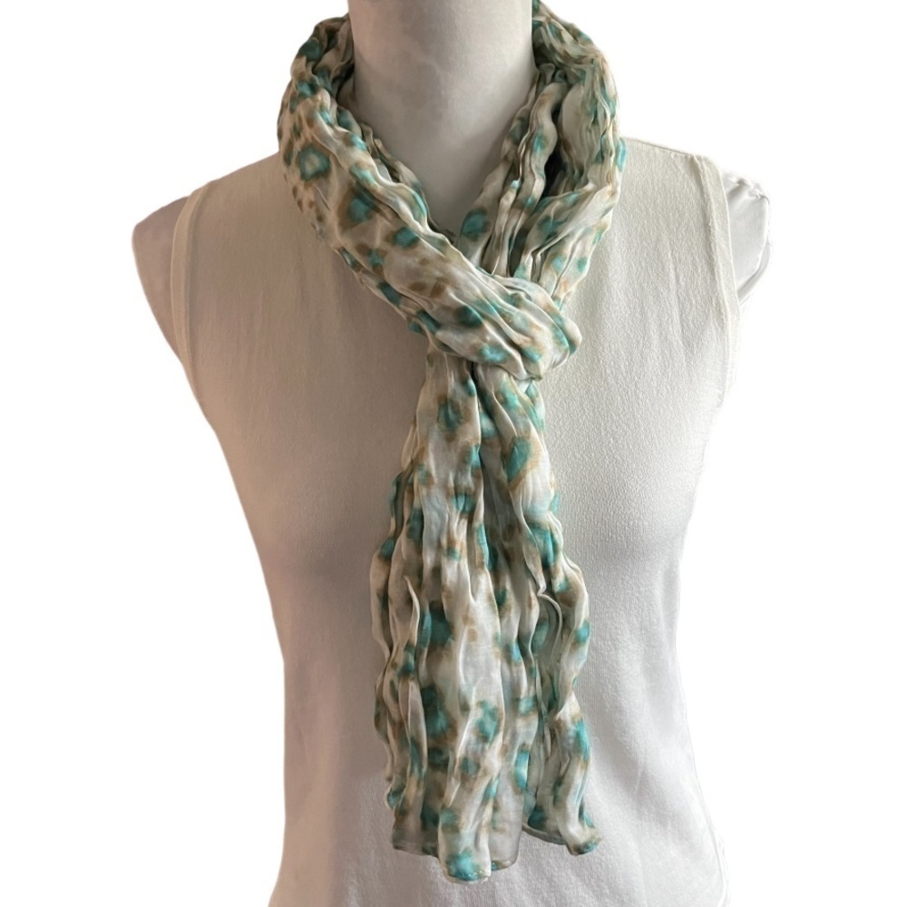 LOFT Lightweight Crinkle Scarf Aqua Blue Tan Ivory Animal Print Sheer Wrap